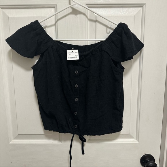 Madewell Texture & Thread Tie Waist Off the Shoulder Top Black Shirt  Size Small - Picture 2 of 6